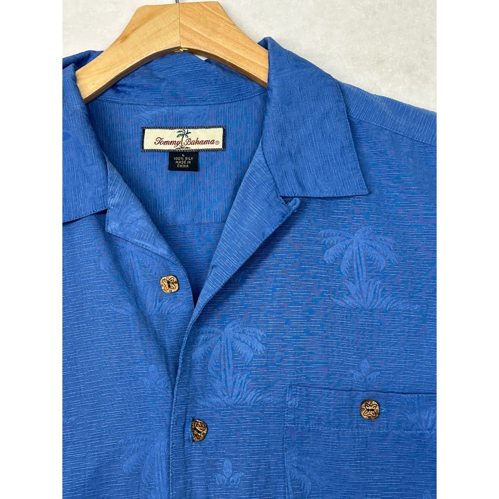 Tommy Bahama Mens Blue 100% Silk Jacquard Palm Tree Shirt Large Short Sleeve